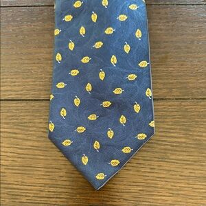 Lanvin Blue and Gold Leaf Print Silk Tie